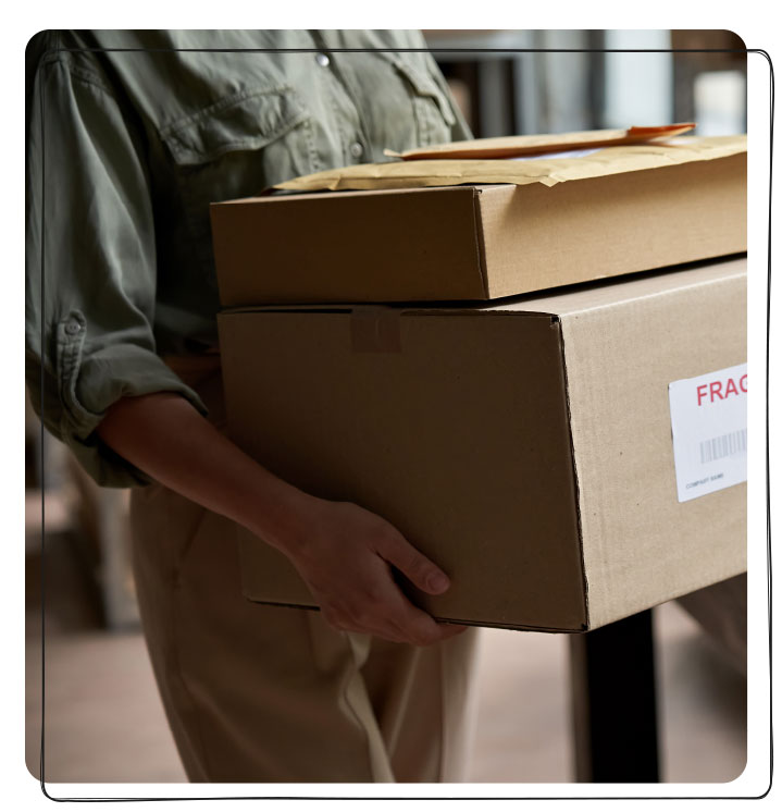 Frau hält Paket – symbolisch für schnelle und zuverlässige E-Commerce-Lösungen von NORDEULE Studio